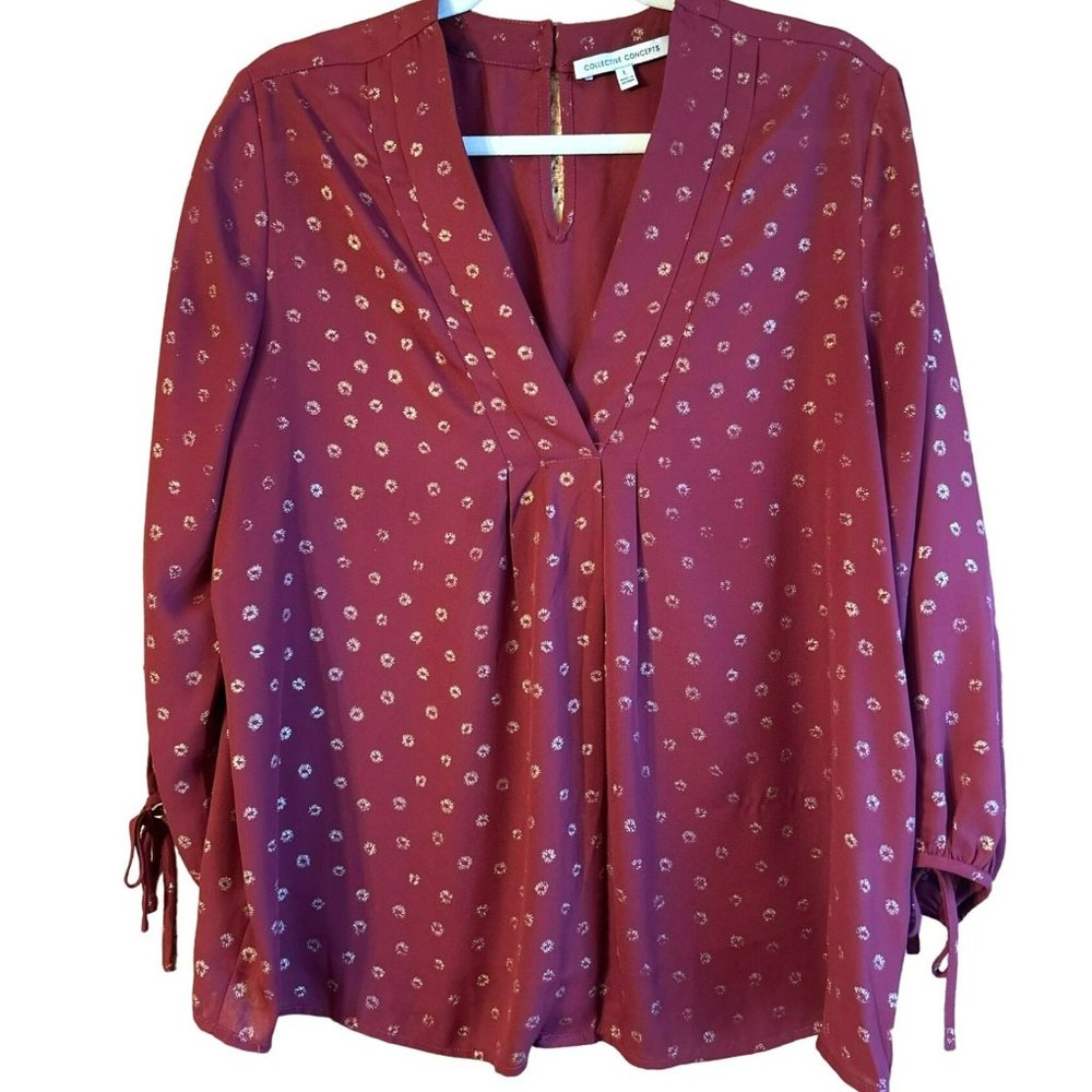 Collective Concepts Anthropologie Red Gold V Neck Blouse Size Large Tie Sleeve